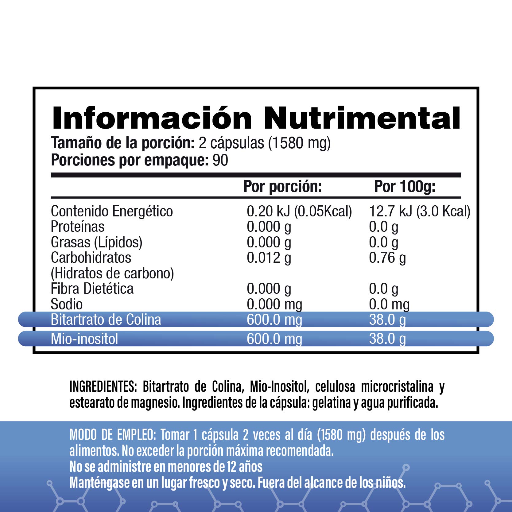 Colina E Inositol 1200mg por porción (2 cápsulas)