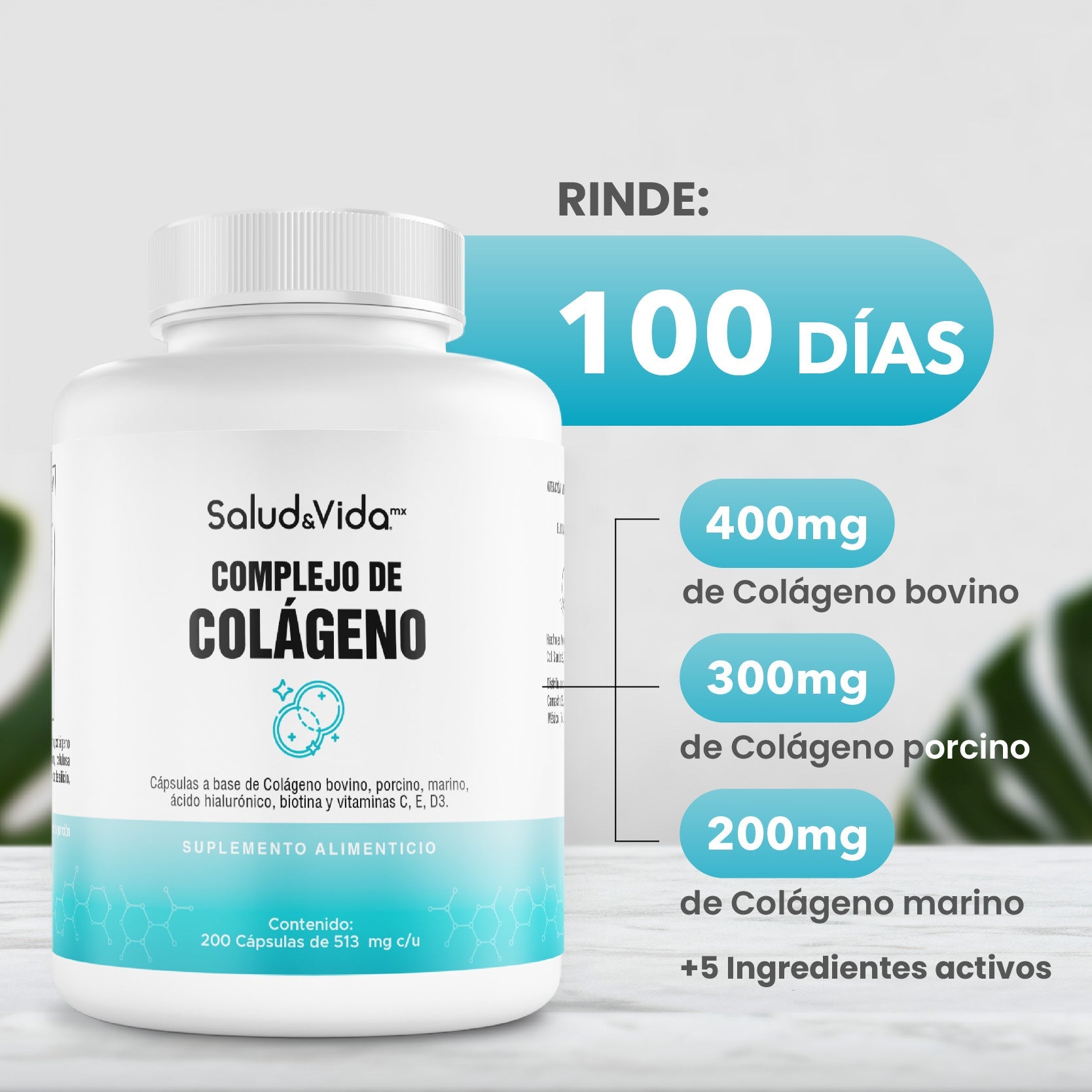 Complejo de Colágeno 513mg (Marino, Porcino y Bovino) Tipo 1, 2 y 3 + Ácido Hialurónico y Biotina