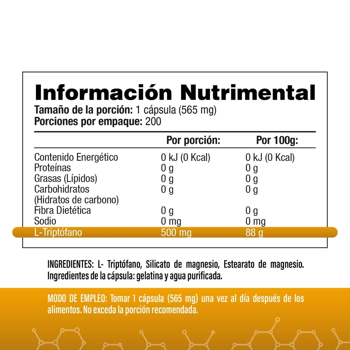 L-Triptófano 565mg 200 cápsulas - SaludVida México