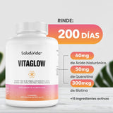 Vitaminas Premium De Biotina, Colágeno, Ácido Hialurónico Y Queratina Con Vitamina B1, B2, B3, B5, B6 Y B12 - 18 Ingredientes activos - 200 Cápsulas - Vitaglow S&V - Sin Gluten y Sin OMG - SaludVida México